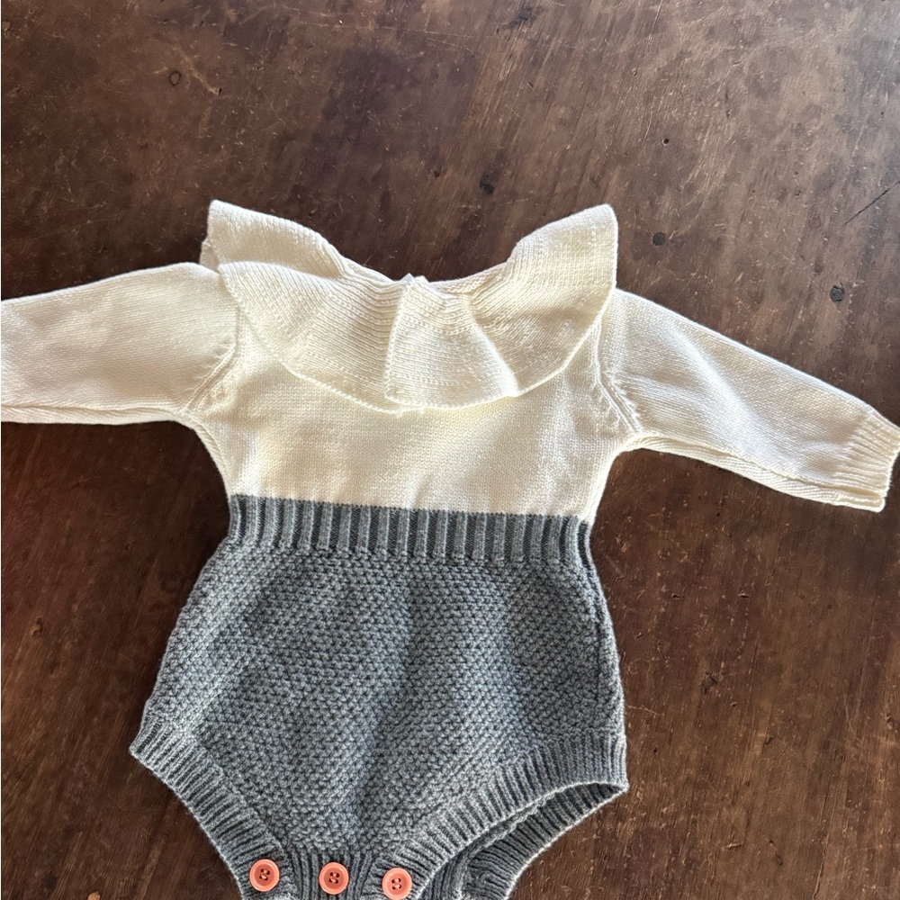 Cream and Gray Bodysuit with Ruffled Neckline and Knit Bottom